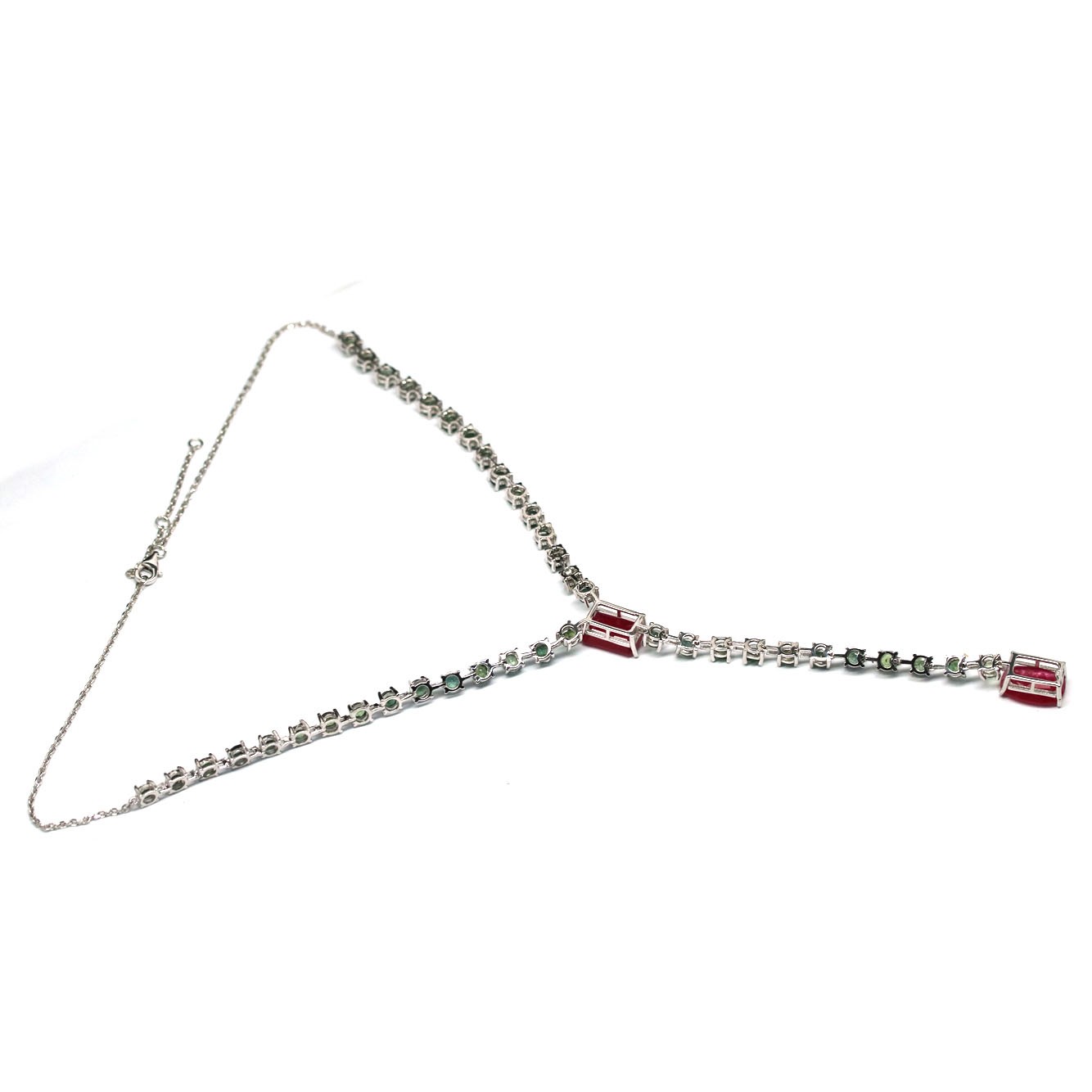 925 Sterling Silver 10 x 13 mm. Red Ruby Green Tourmaline Necklace 18.0 In.