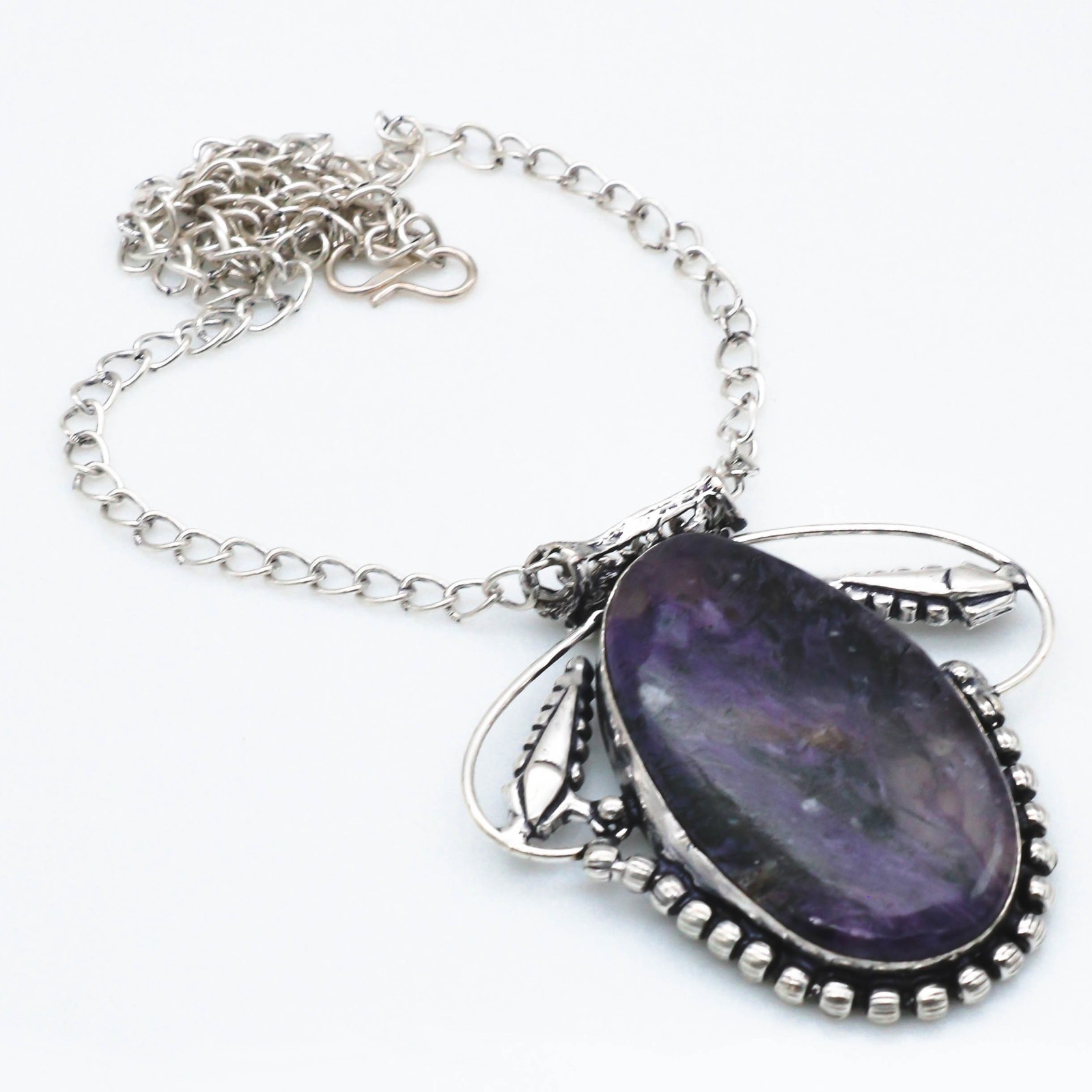 Natural Russian Charoite Gemstone 925 Sterling Silver Jewelry Necklace Size 18″