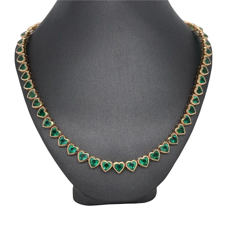 16CT Natural Green Emerald Tennis Necklace 14KT Yellow Gold 17″In CERTIFIED