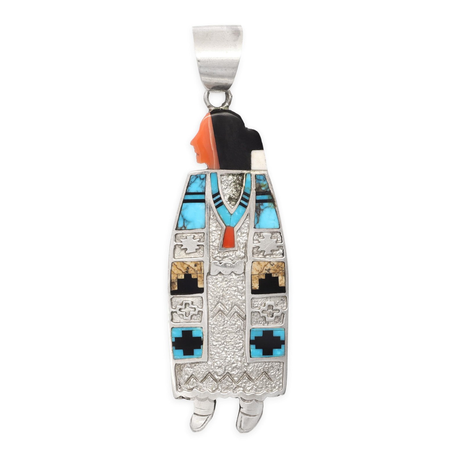 Native American Zuni Sterling Silver Mosaic Inlay Reversible Maiden Pendant