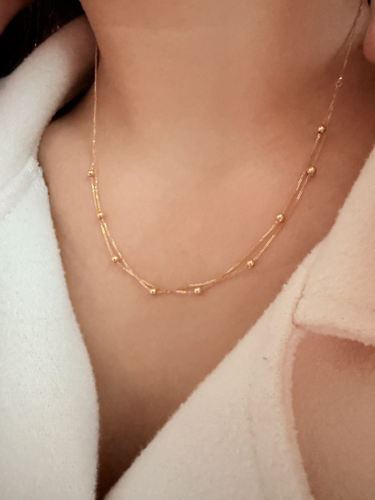 18K Real Gold Station Beads Dainty thin Necklace – Double Layer Size 17