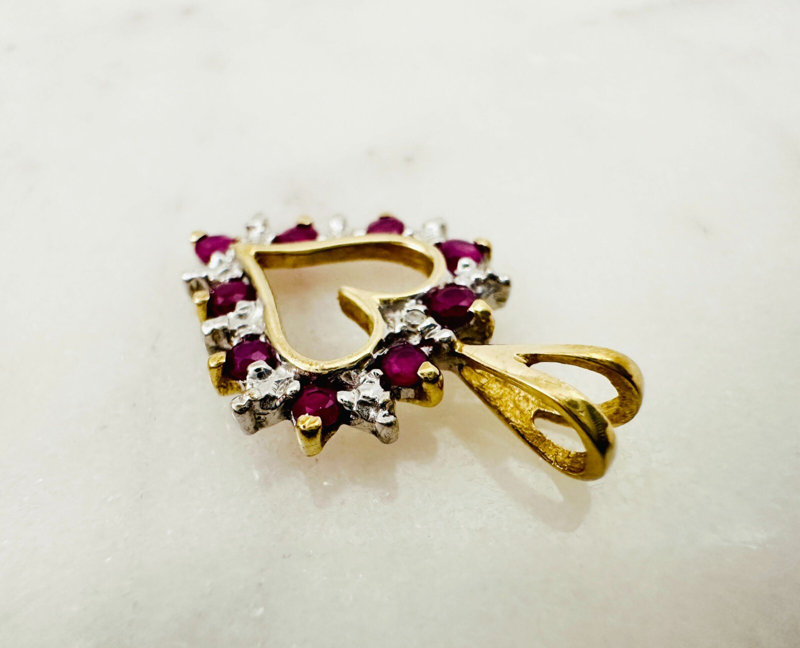 Estate 10K Multi-Tone Gold Ruby w/Diamond Accent Small Heart Pendant 19x13mm