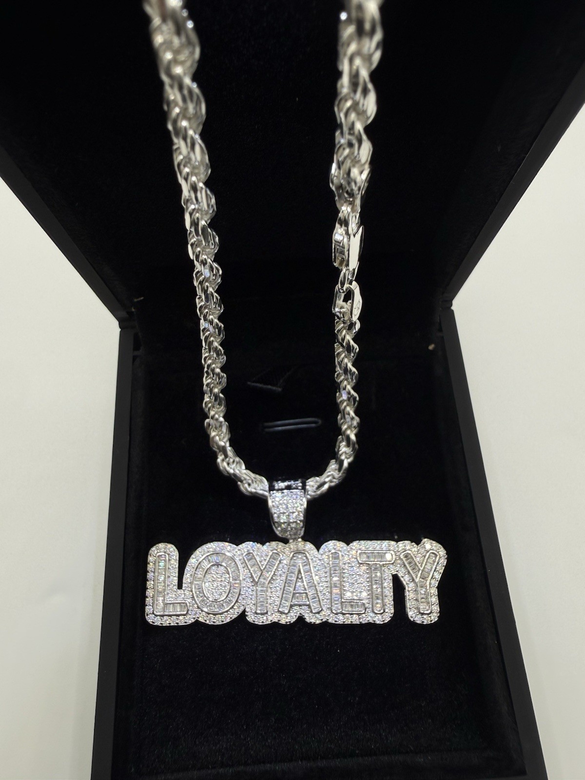 Solid 925 Sterling Silver Italy Rope Chain w/ Moissanite “LOYALTY” Pendant 24”