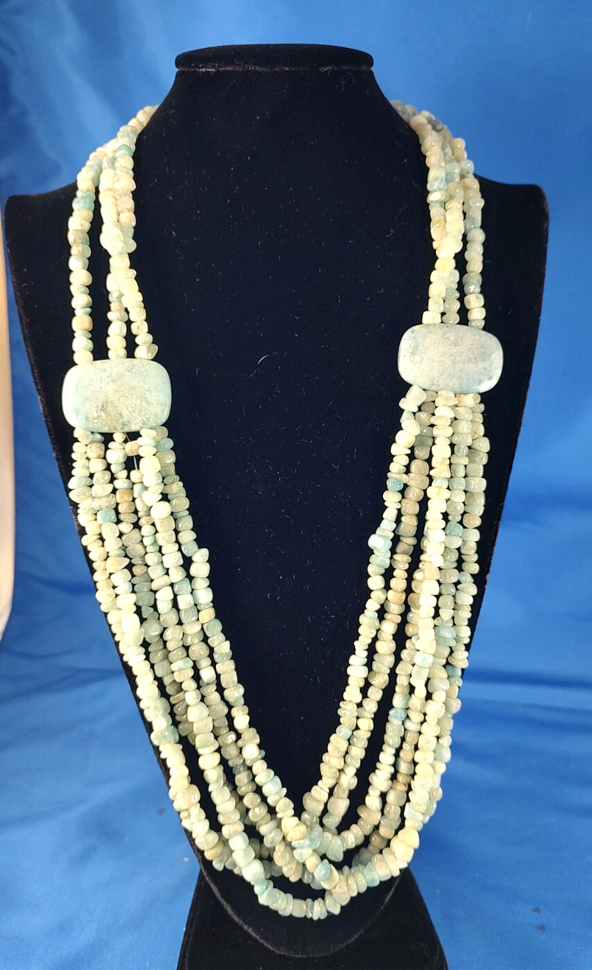 Natural Aquamarine Stone and Bead Multi-Strand Necklace Signed 925 RB