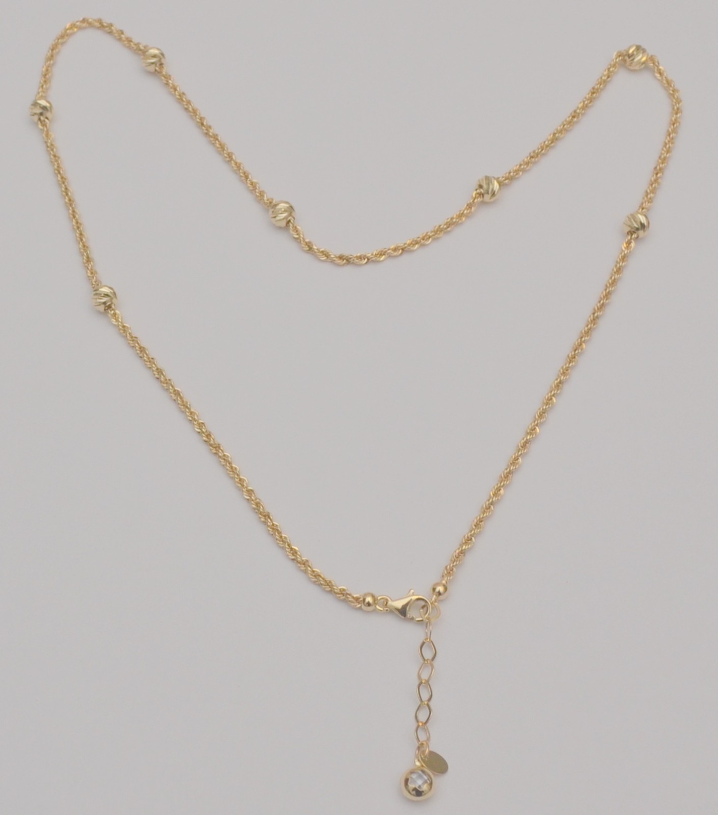 14K Yellow Gold Rope Chain Necklace Station Beads 18–19in 4.6g C2