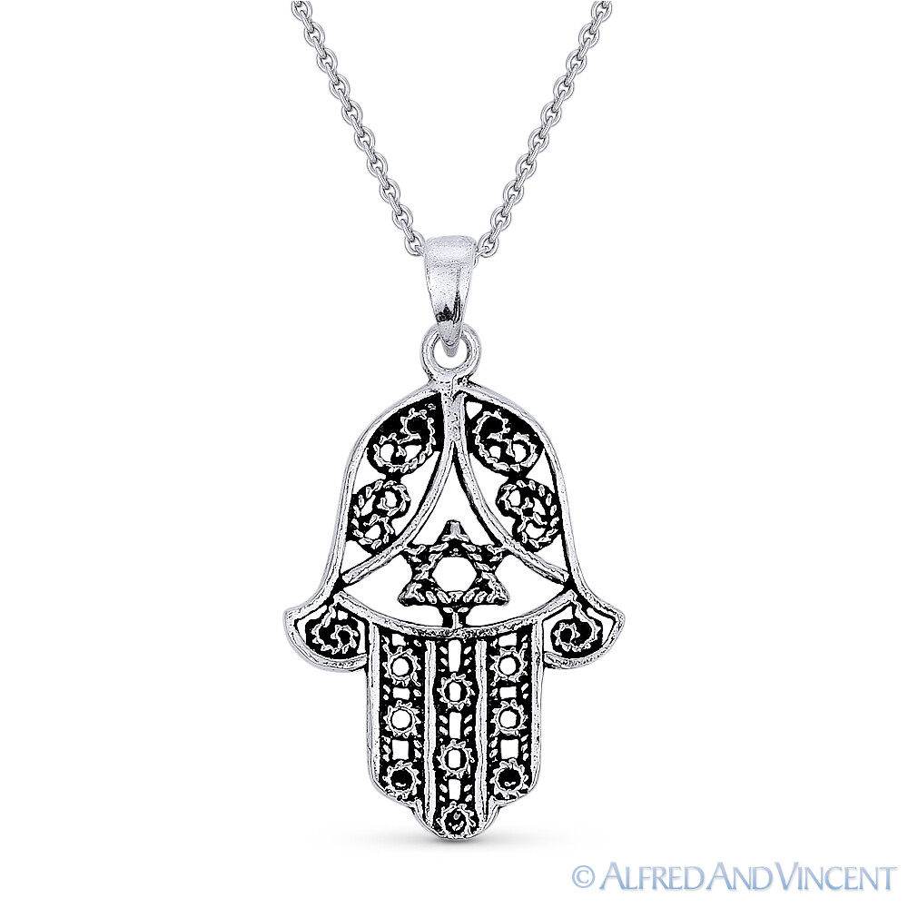 Hamsa Hand & Star of David Magen 925 Sterling Silver Evil Eye Luck Charm Pendant