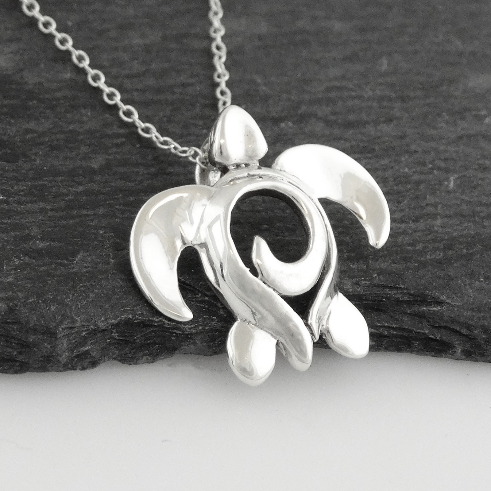 Sea Turtle with Swirl Pendant Necklace – 925 Sterling Silver – Beach Ocean NEW