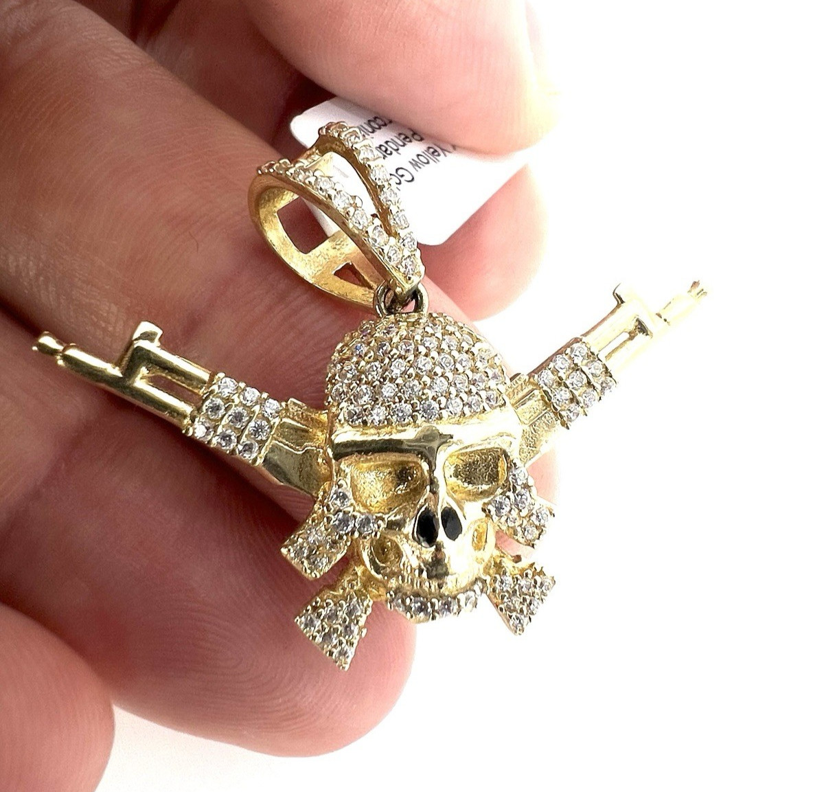 14K Solid Yellow Gold Skull Crossed Rifles Pendant CZ Pave Outlaw Guns