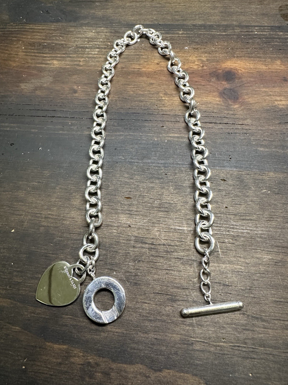 Tiffany & Co. 925 Sterling Silver Heart Tag Charm Toggle Round Link Necklace