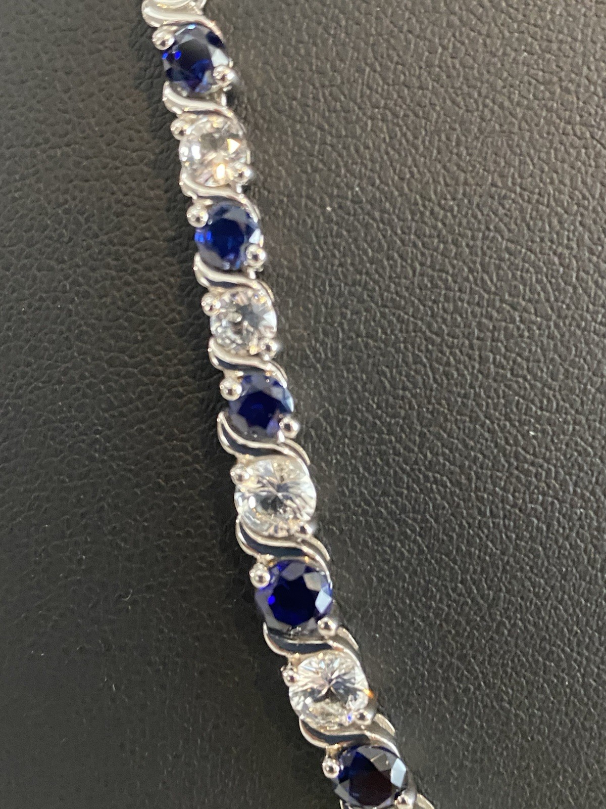 925 Sterling Silver Lab Created Blue & White Sapphire Tennis Necklace Signed EMA
