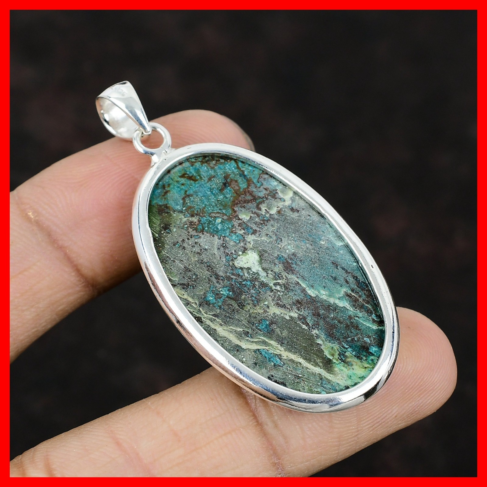 925 Sterling Silver Oval Chrysocolla Gemstone Throat Chakra Wife Pendant Jewelry