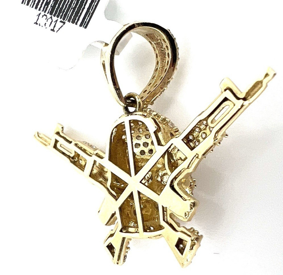 14K Solid Yellow Gold Skull Crossed Rifles Pendant CZ Pave Outlaw Guns