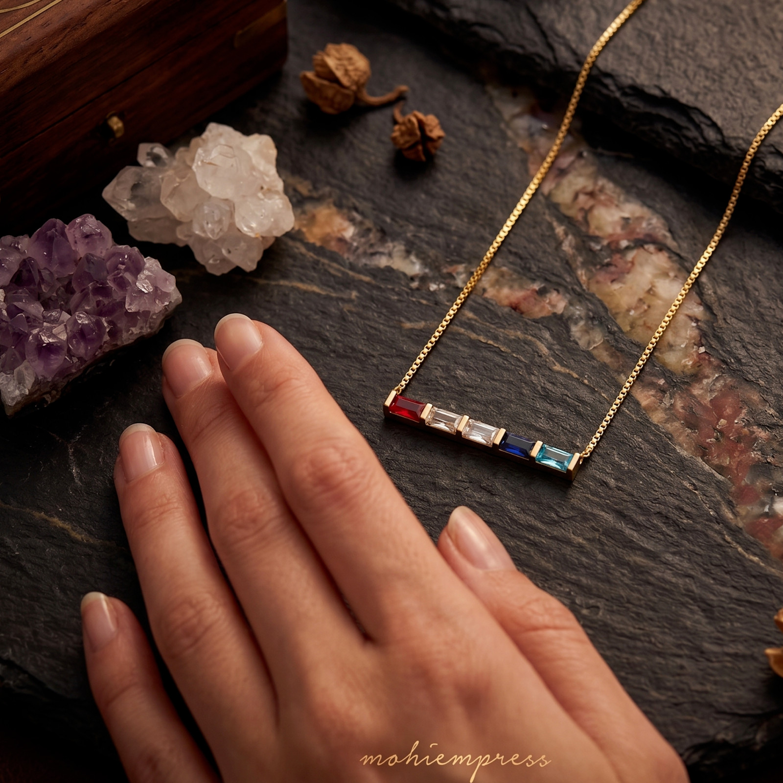 925 Sterling Silver Custom Baguette Birthstone Bar Necklace