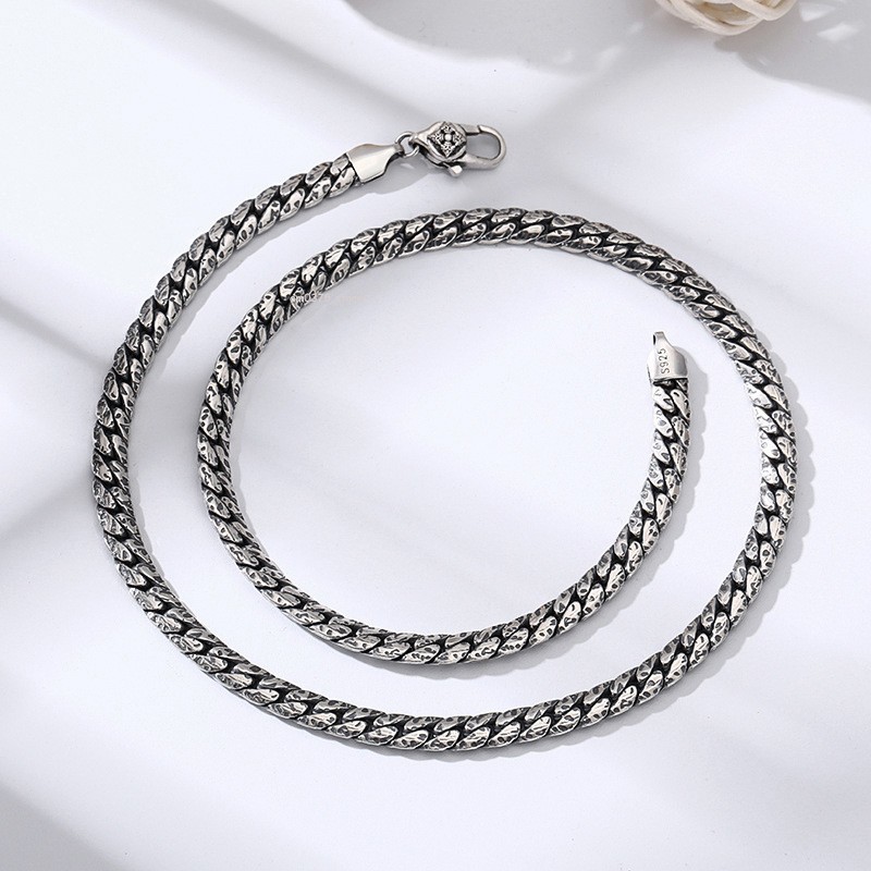 Solid 925 Sterling Silver Necklace Women Men 5mm Hammer Curb Link Chain Necklace