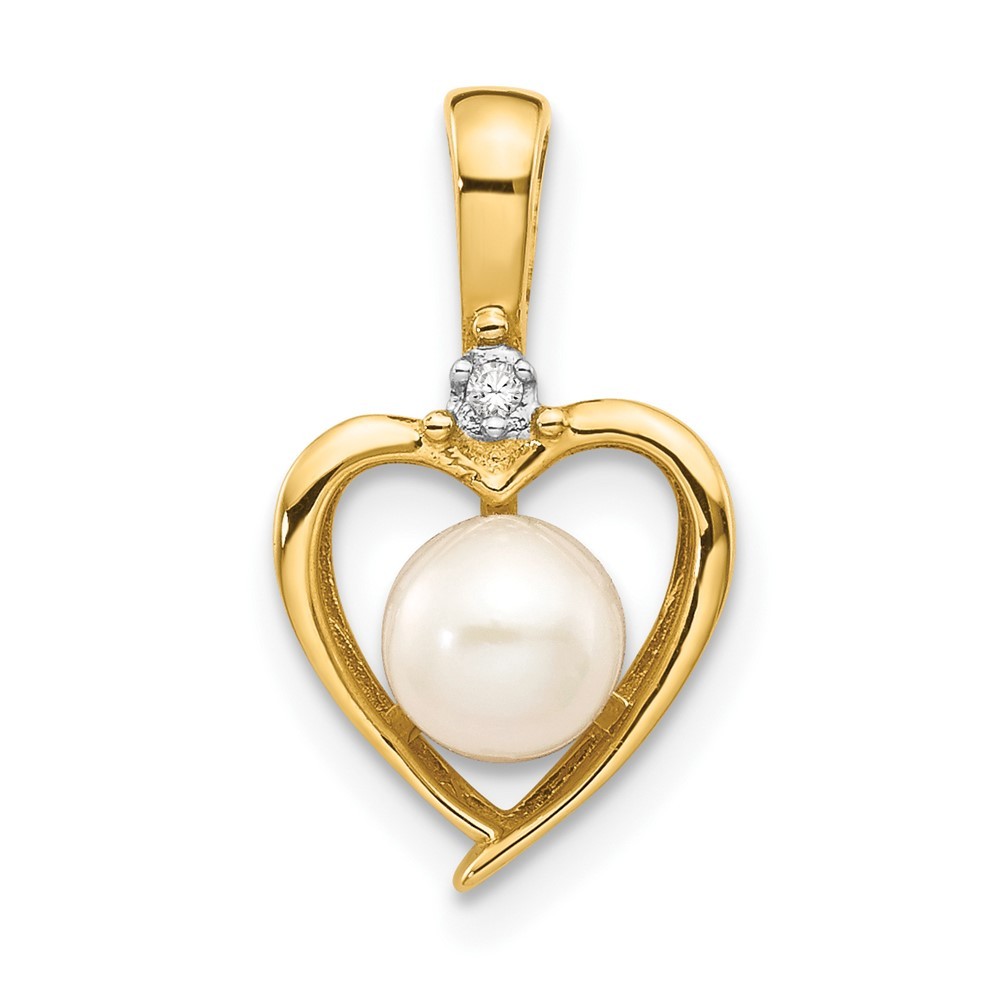 14k Yellow Gold 5.5mm June/Freshwater Cultured Pearl and Diamond Heart Pendant