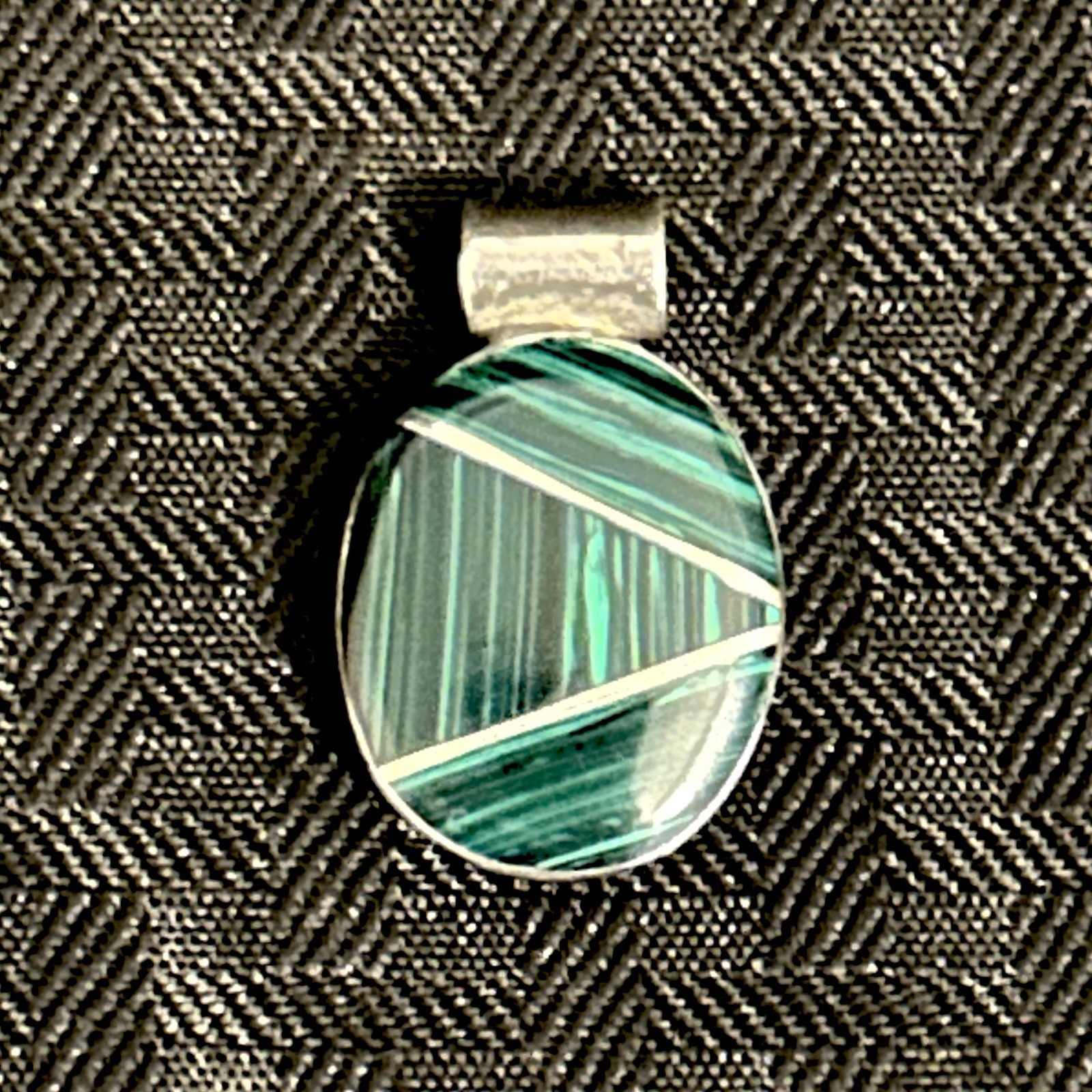 VTG Green Malachite and Sterling Silver Oval Pendant