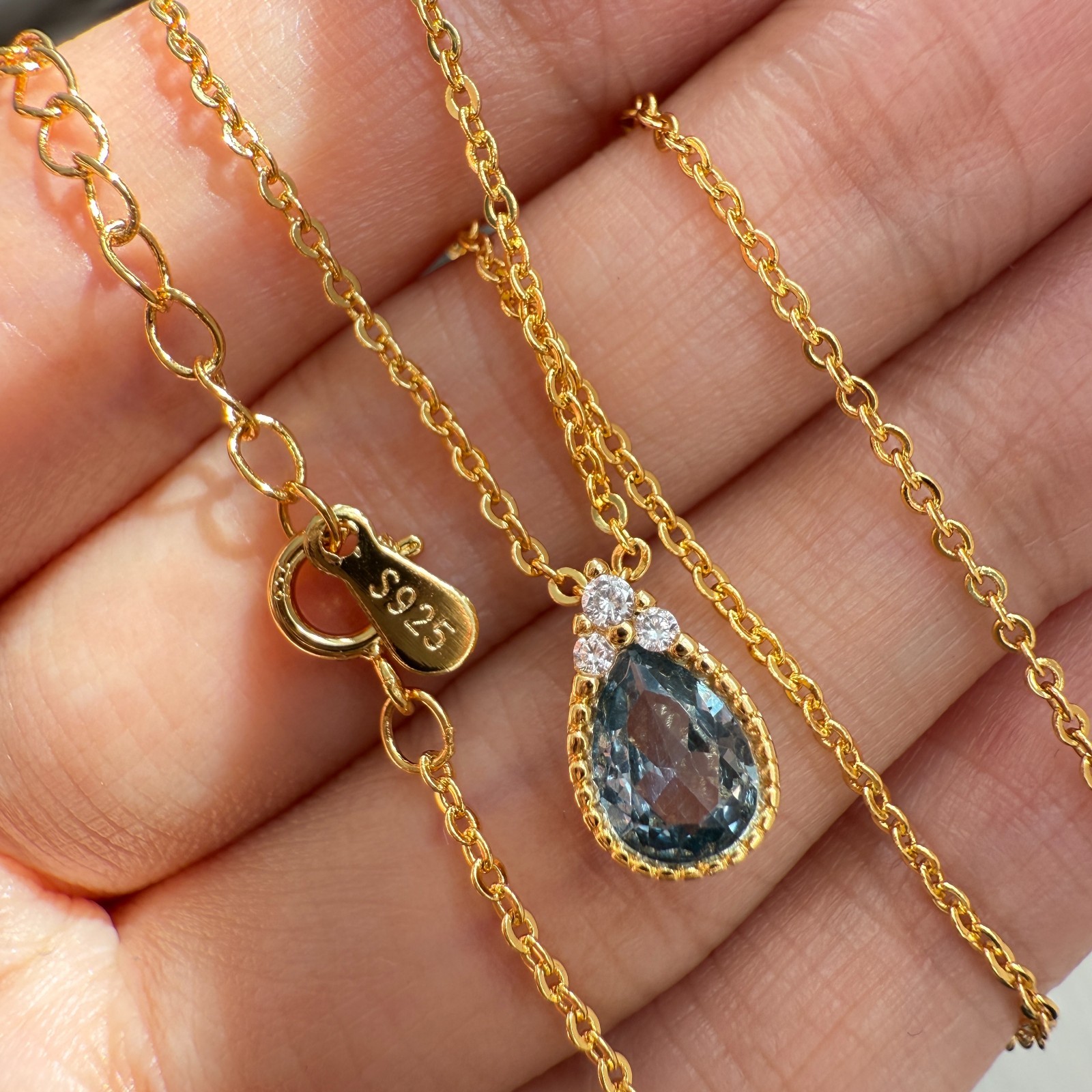 925 Sterling Silver Necklace 8x6mm Natural Aquamarine Zircon 14K Gold Plated NEW