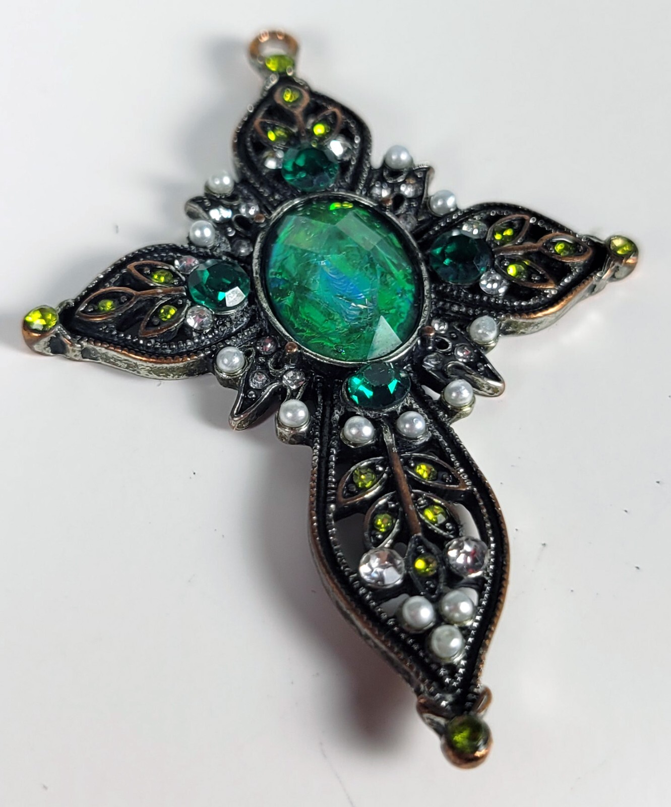 Cross Pendant with Opalescent Green Stone and Faux Pearls – 2 inches Very Good