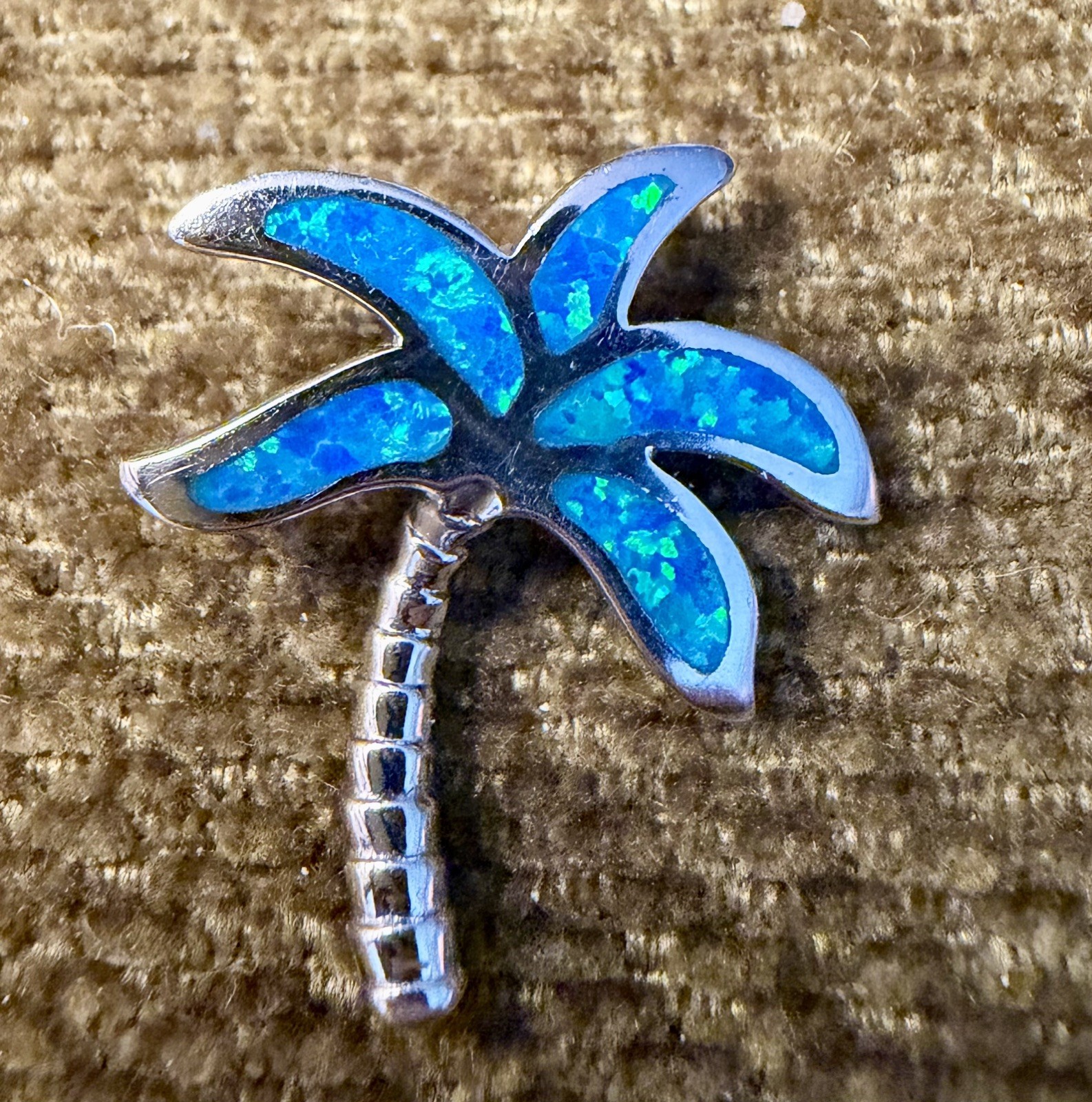 Blue Opal Palm Tree Beach Summer Pendant Charm 925 Sterling Silver