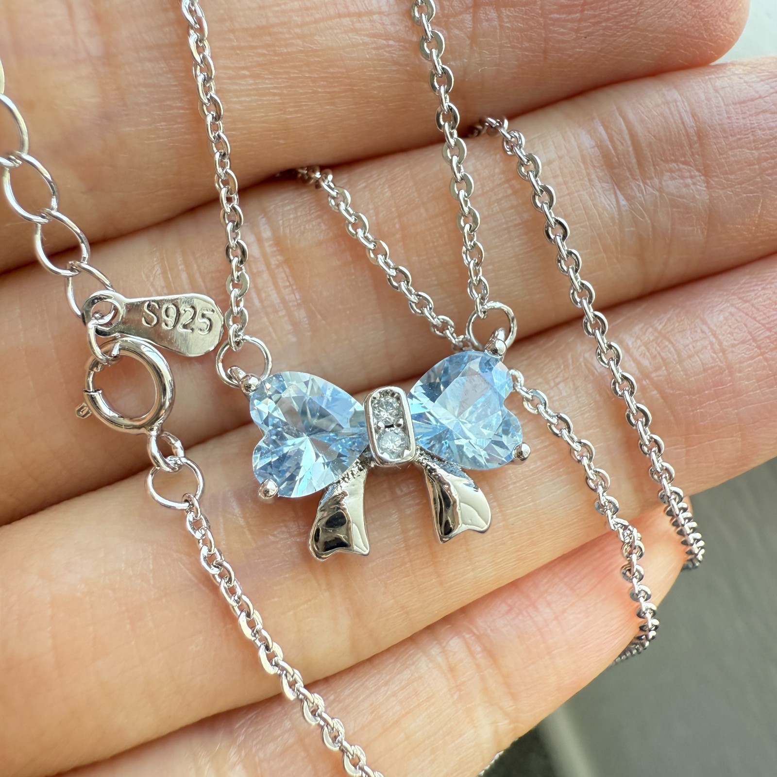 925 Sterling Silver Necklace 6mm Heart Natural Topaz Gemstone Zircon Chain Bow