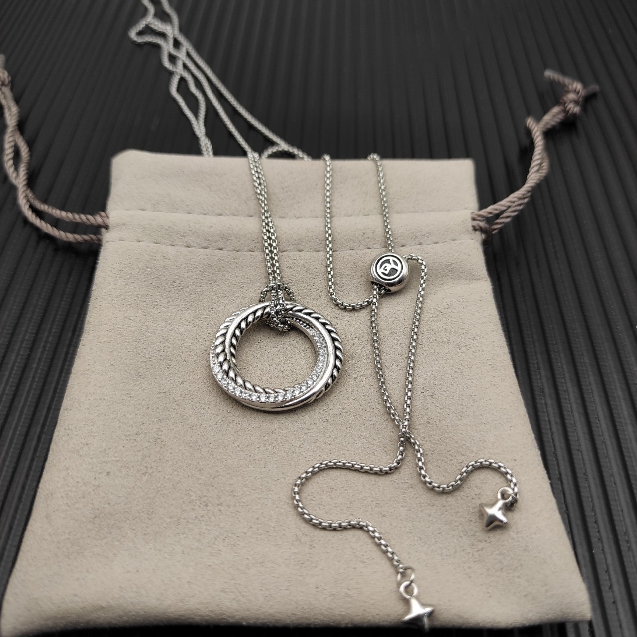 David Yurman Classic Cable Circle Pendant 925 Silver Diamond Slide Necklace 90cm