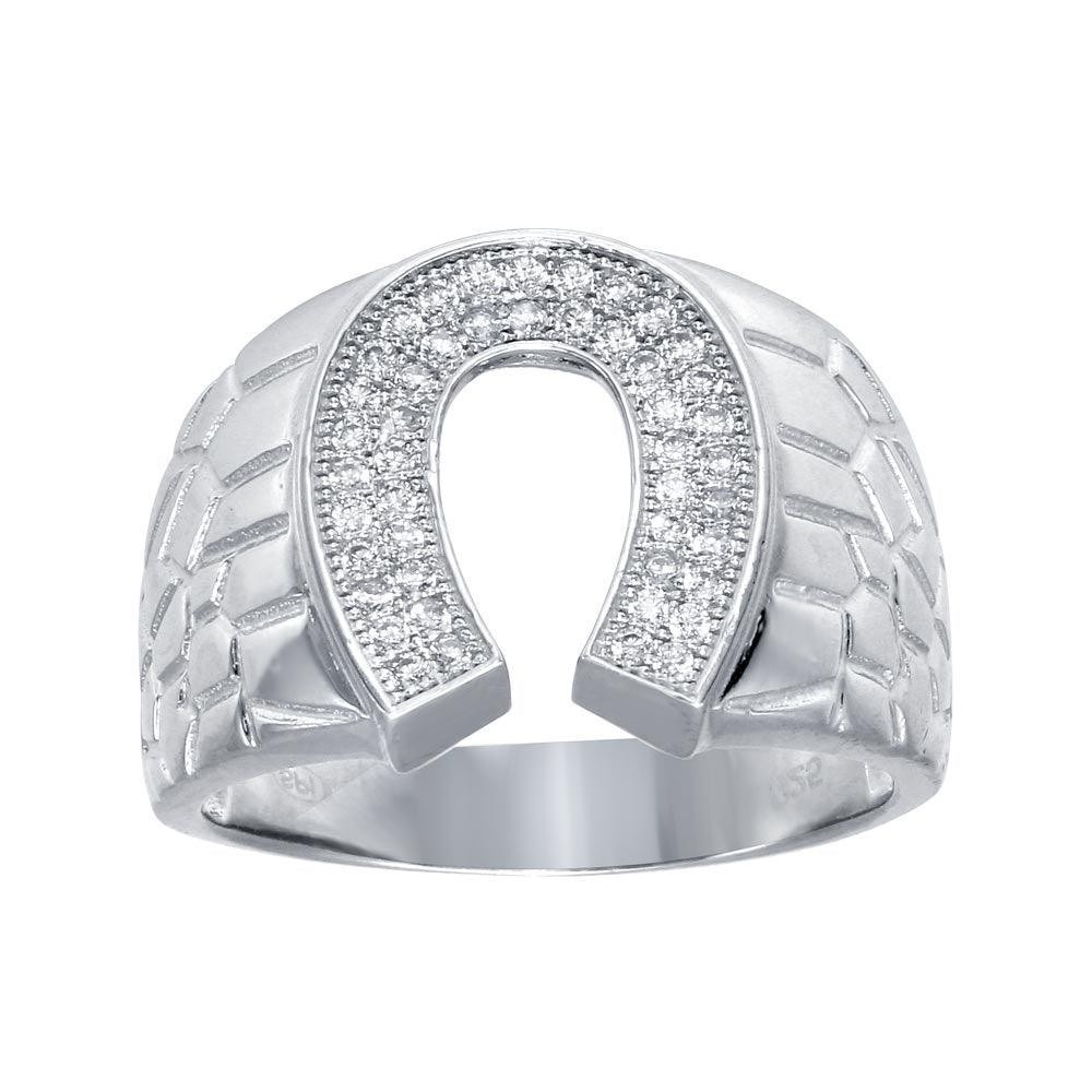 Rhodium Plated 925 Sterling Silver Men’s Horse Shoe CZ Ring