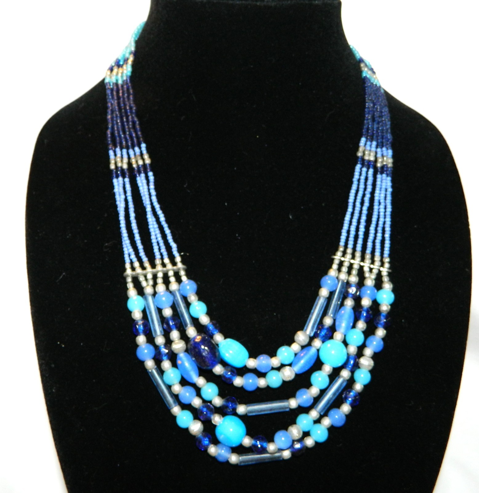 Vintage Artsy Blue Silver Tone Beaded Multi Strand Necklace NEW N81