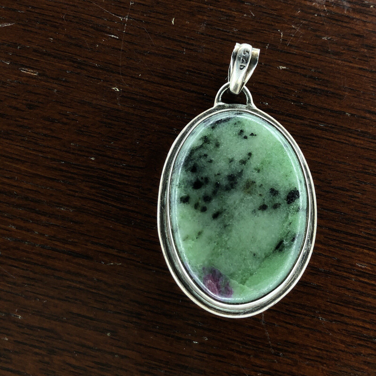 Sterling Silver Oval Bezel Set Green Pink Glows Ruby Zoisite 1 1/2 Inch Pendant