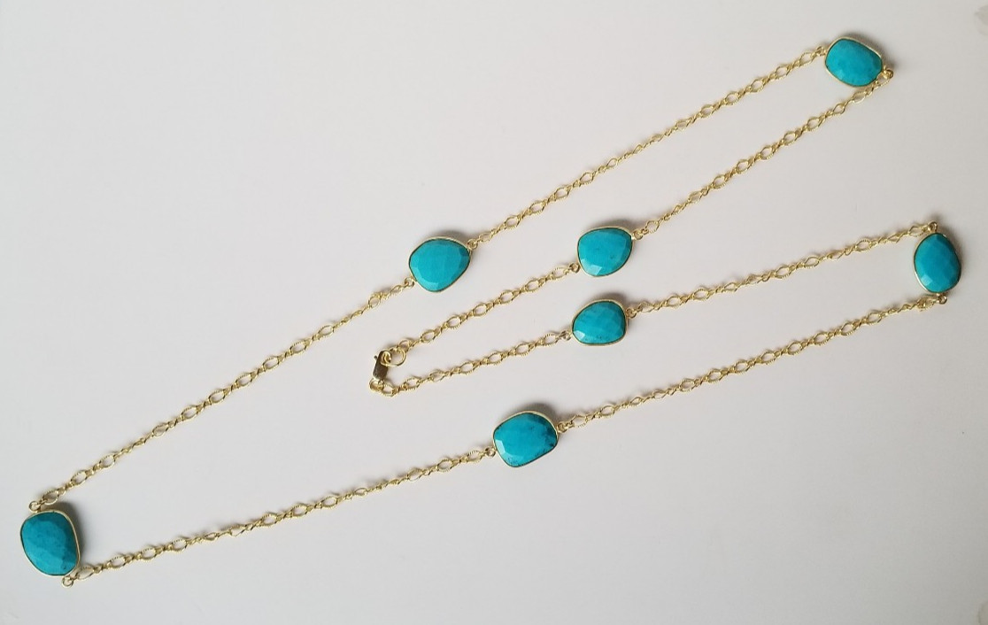 Natural Blue Gemstone, Gold over 925 Sterling Silver Station Necklace 36 In