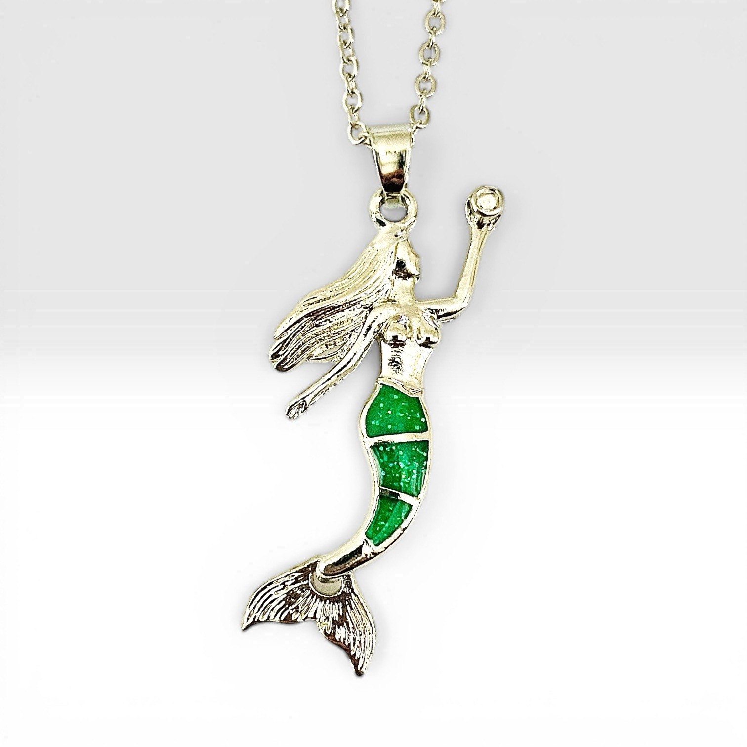 New Sterling Silver Mermaid Pendant Necklace with Green Opal Inlay 🇺🇸 Seller