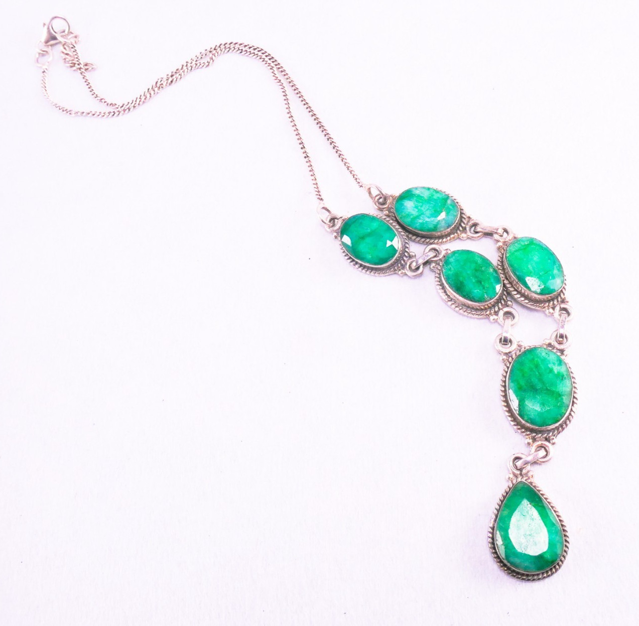 925 Sterling Silver Faceted Raw Emerald Y Drop Necklace 16-17″ 26.94 Grams