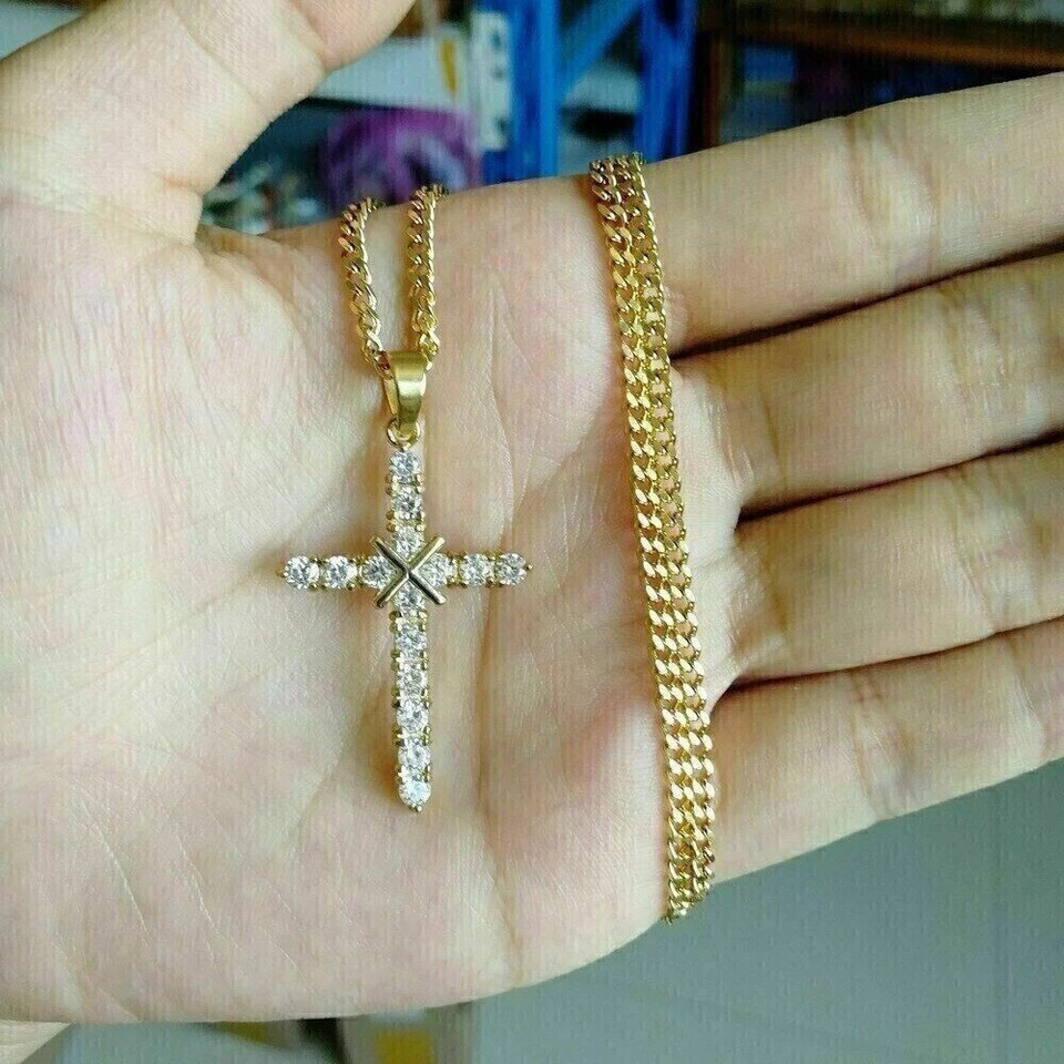 2.50 Ct Round Cut Lab Created Diamond Cross Fancy Pendant 14K Yellow Gold Plated