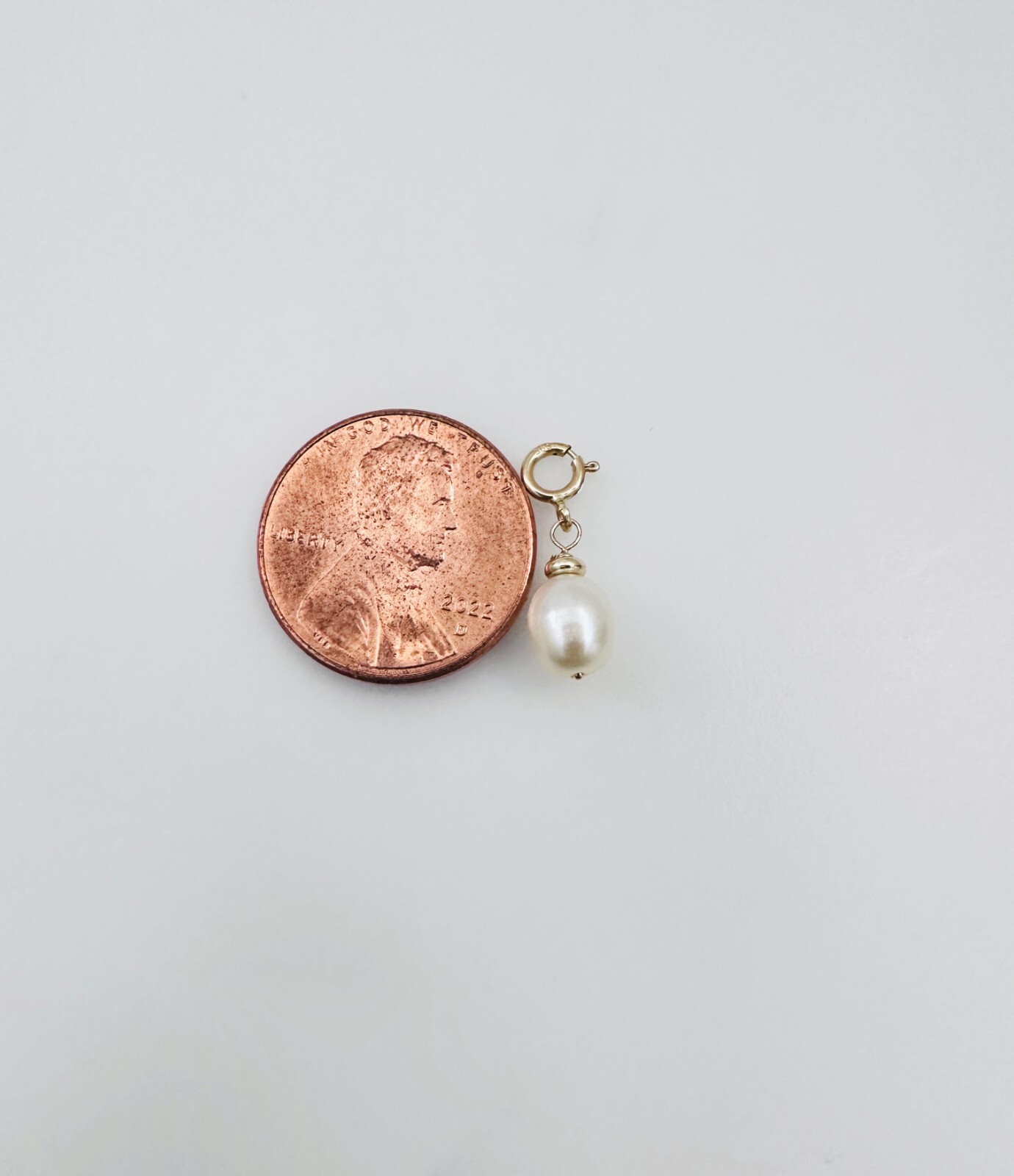 14K Solid Yellow Gold Dangle Baroque Pearl Small Charm Pendant w/Spring Clasp