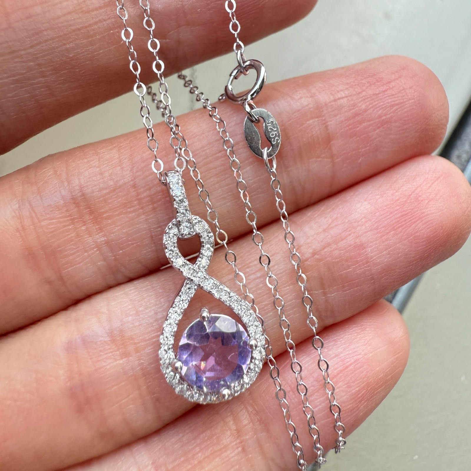 925 Sterling Silver Necklace 6mm Natural Amethyst Gemstone Zircon Purple Chain