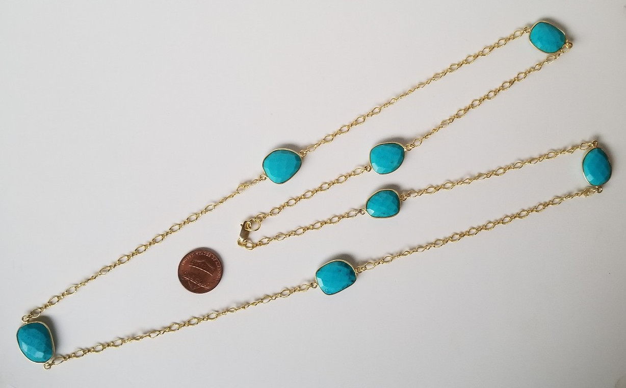 Natural Blue Gemstone, Gold over 925 Sterling Silver Station Necklace 36 In