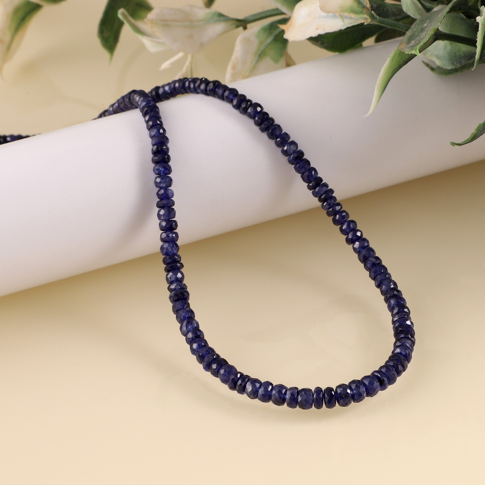 Natural Blue Sapphire Stone Beaded Necklace Faceted Roundel 925 Silver Necklace
