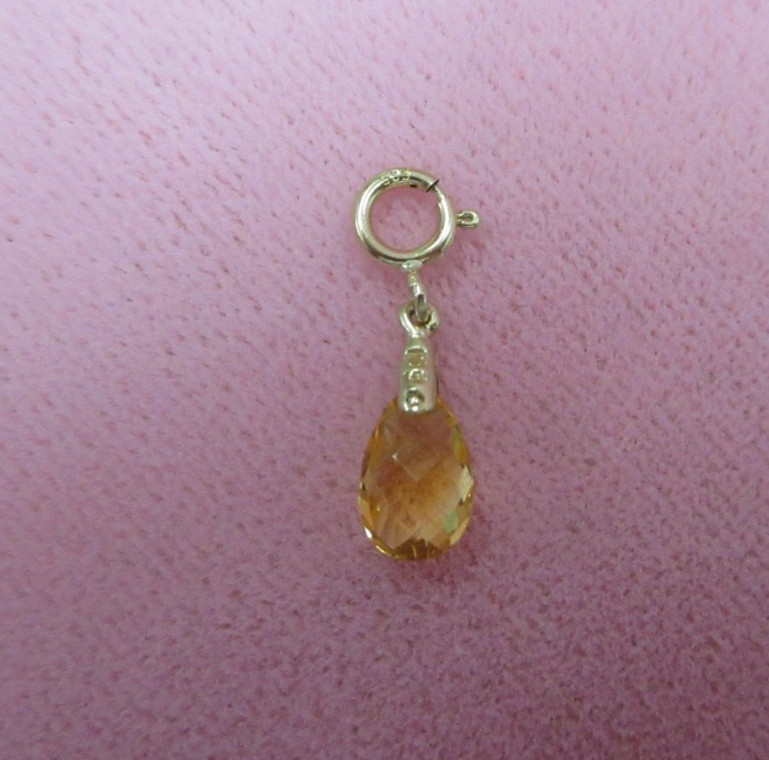 14k Solid Y. Gold Citrine Teardrop Briolettle Charm w/14k 5mm Spring Clasp