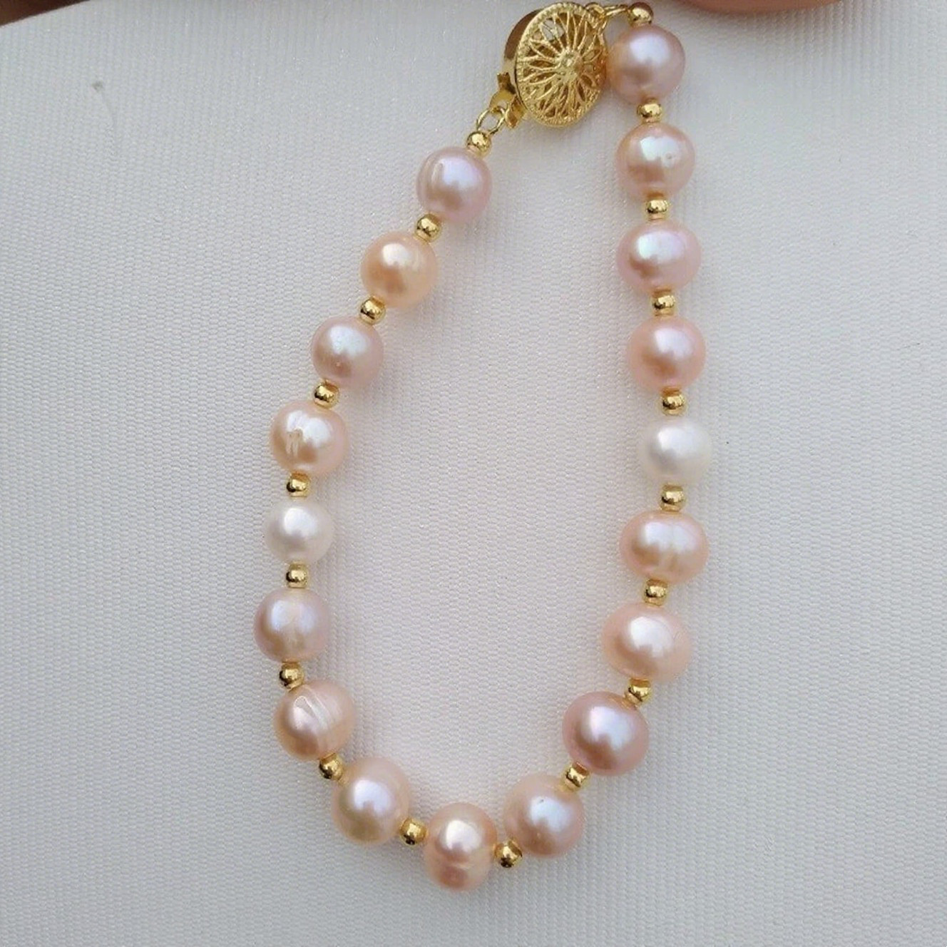 AAA+ South Sea 8-7 mm Gold Pink Pearl Bracelet 7.5-8″ 14k Yellow Gold