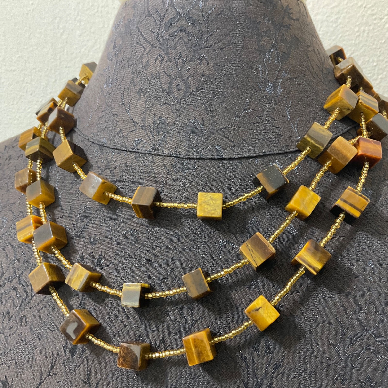 Genuine Tiger’s Eye Cube & Golden Bead Necklace Sterling Silver Toggle 64″ Long