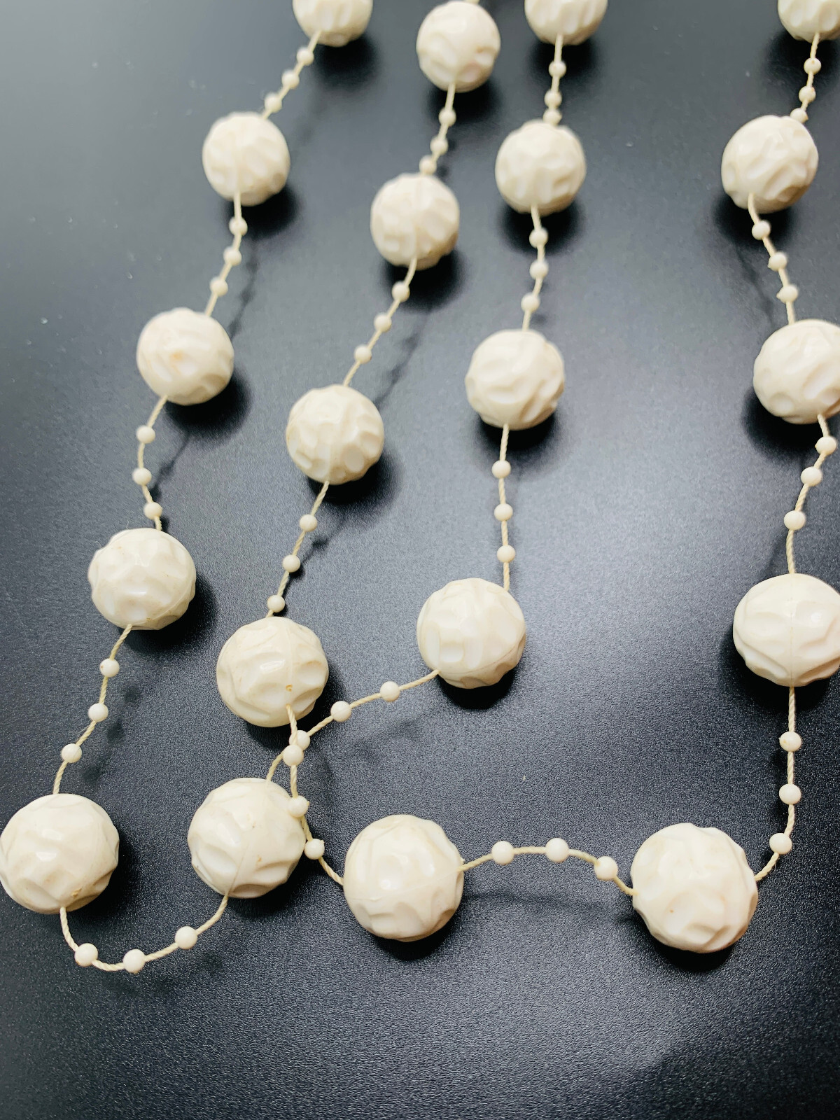 Unique Vtg 1960s 2 Strand Cream Old Plastic Textured Bead Station Necklace