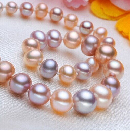 17″7-9mm South Sea Genuine Golden Pink Purple Lavender Round Pearl Necklace 3188