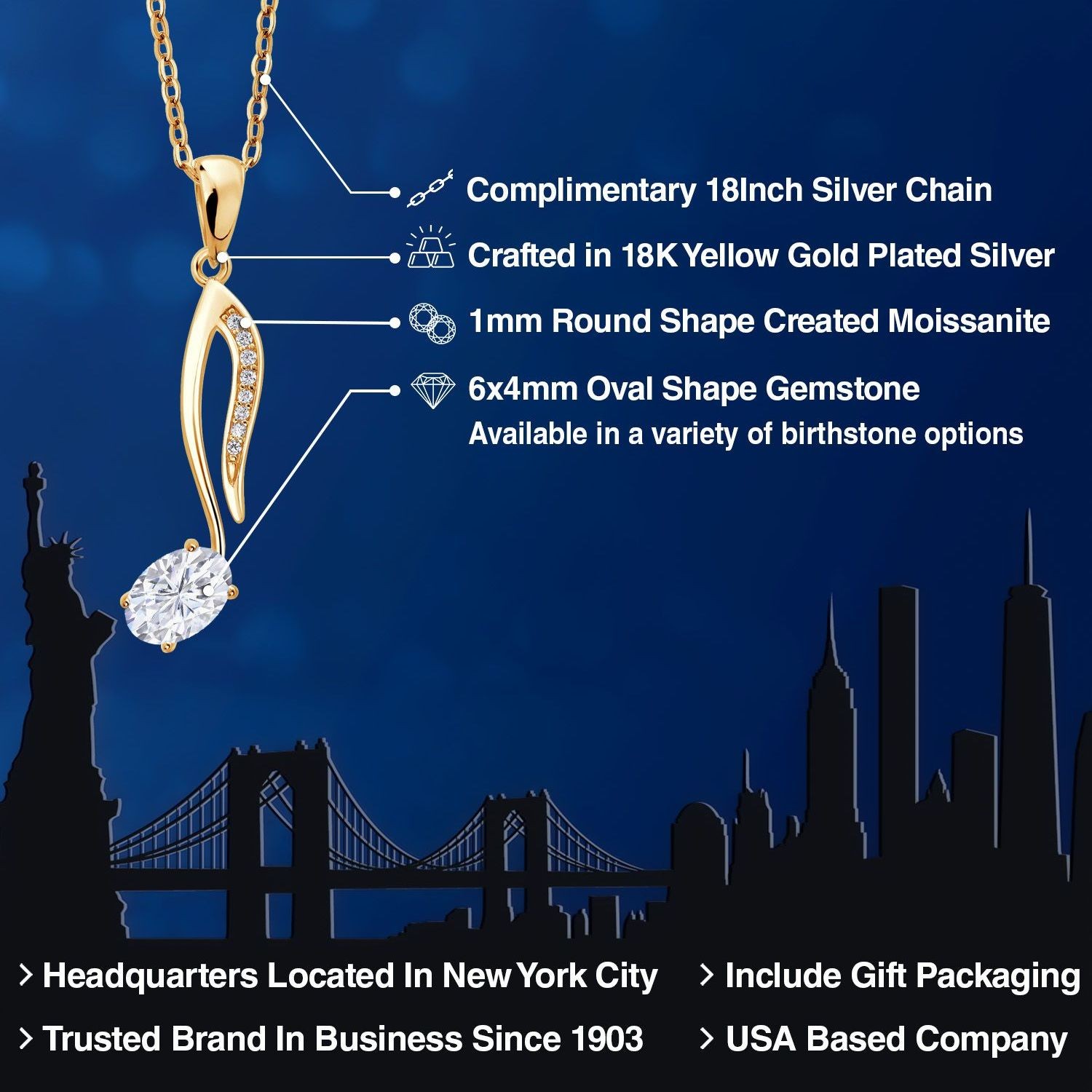 18K Yellow Gold Plated Silver Pendant with Chain Set with Near Colorless (GH)
