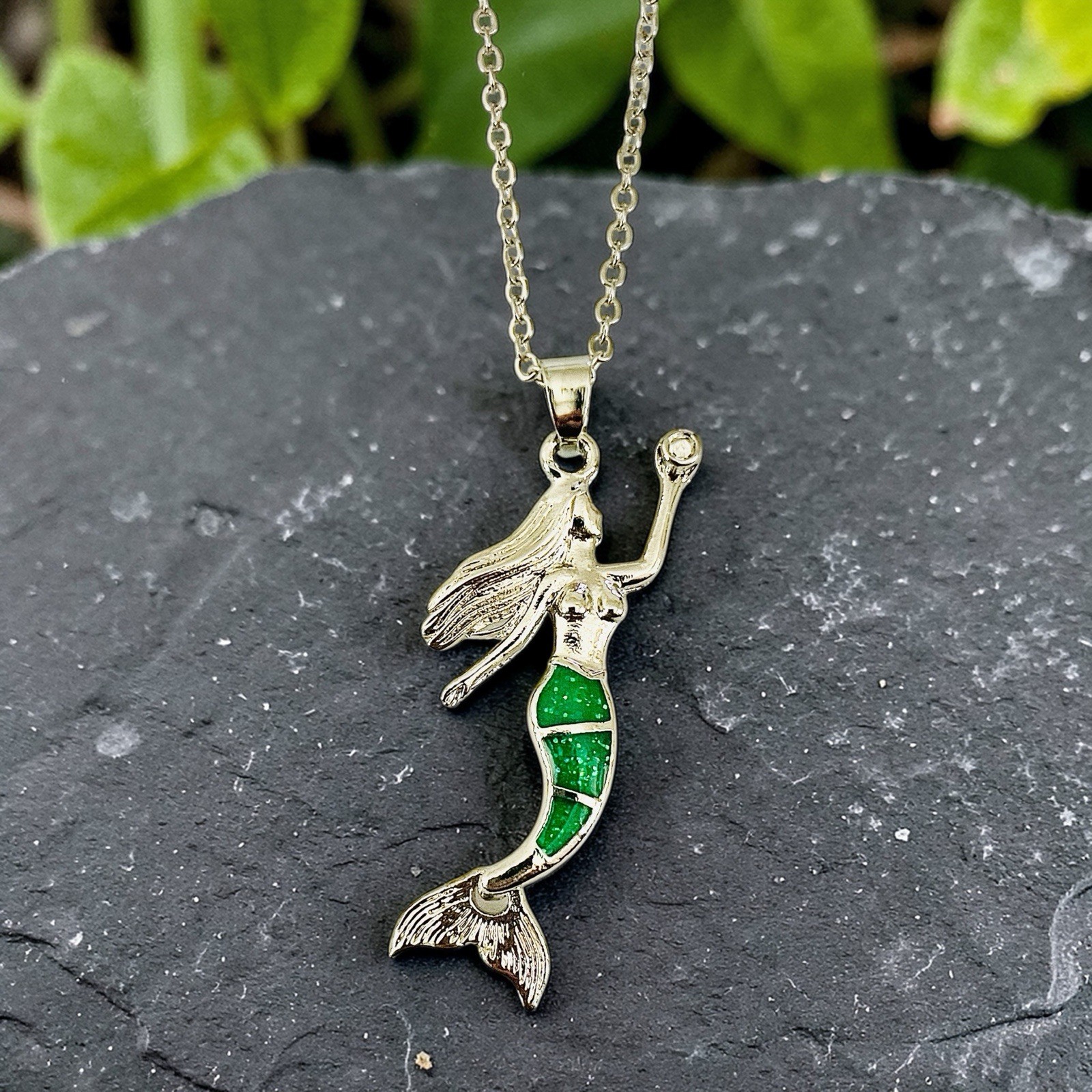 New Sterling Silver Mermaid Pendant Necklace with Green Opal Inlay 🇺🇸 Seller