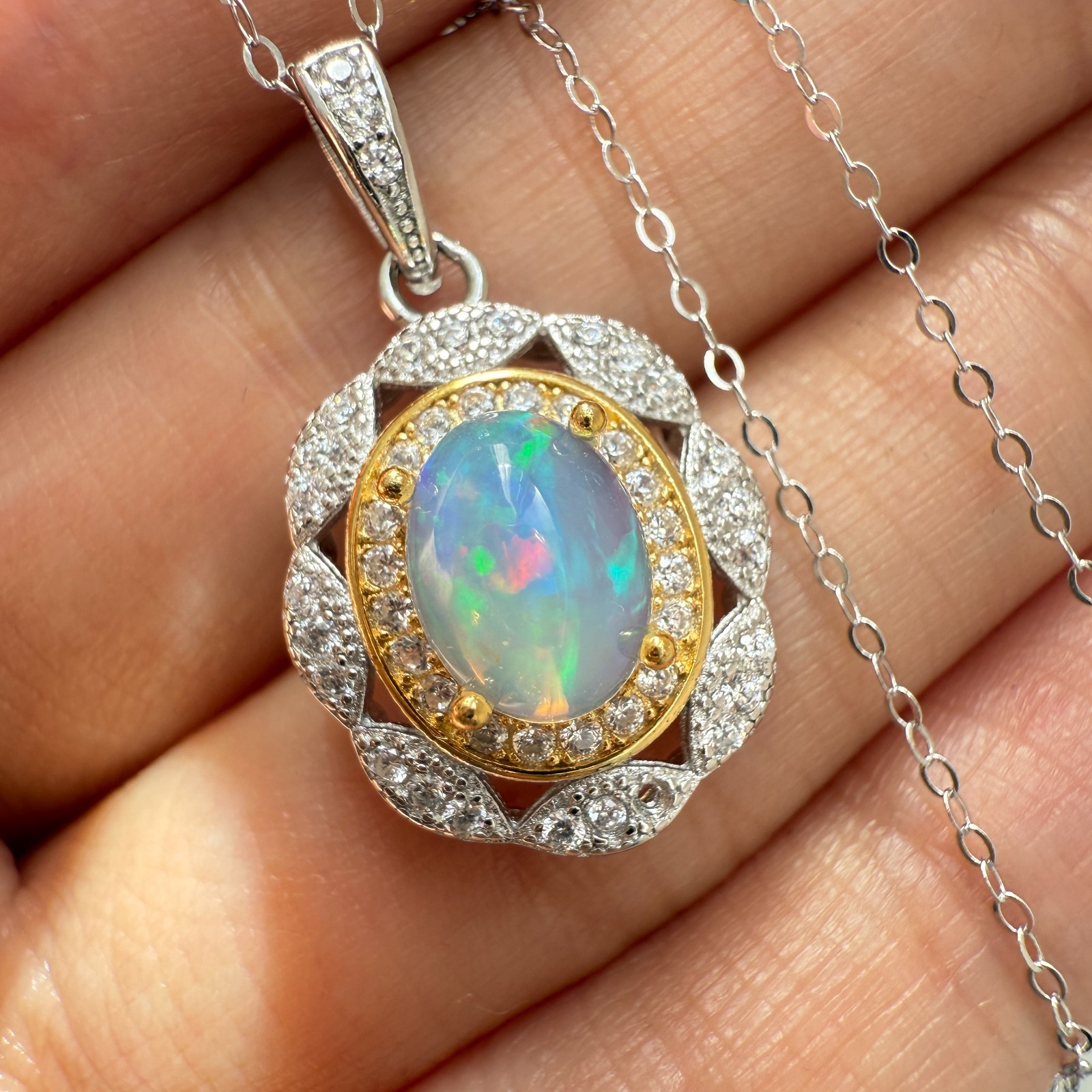 925 Sterling Silver Necklace 8x6mm Natural Opal 14K Gold Plated Flower Chain NEW