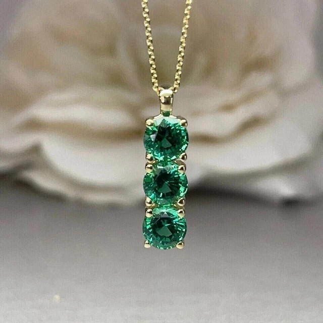 2Ct Round Cut Lab-Created Green Emerald 3 Stone Pendant 14k Yellow Gold Plated