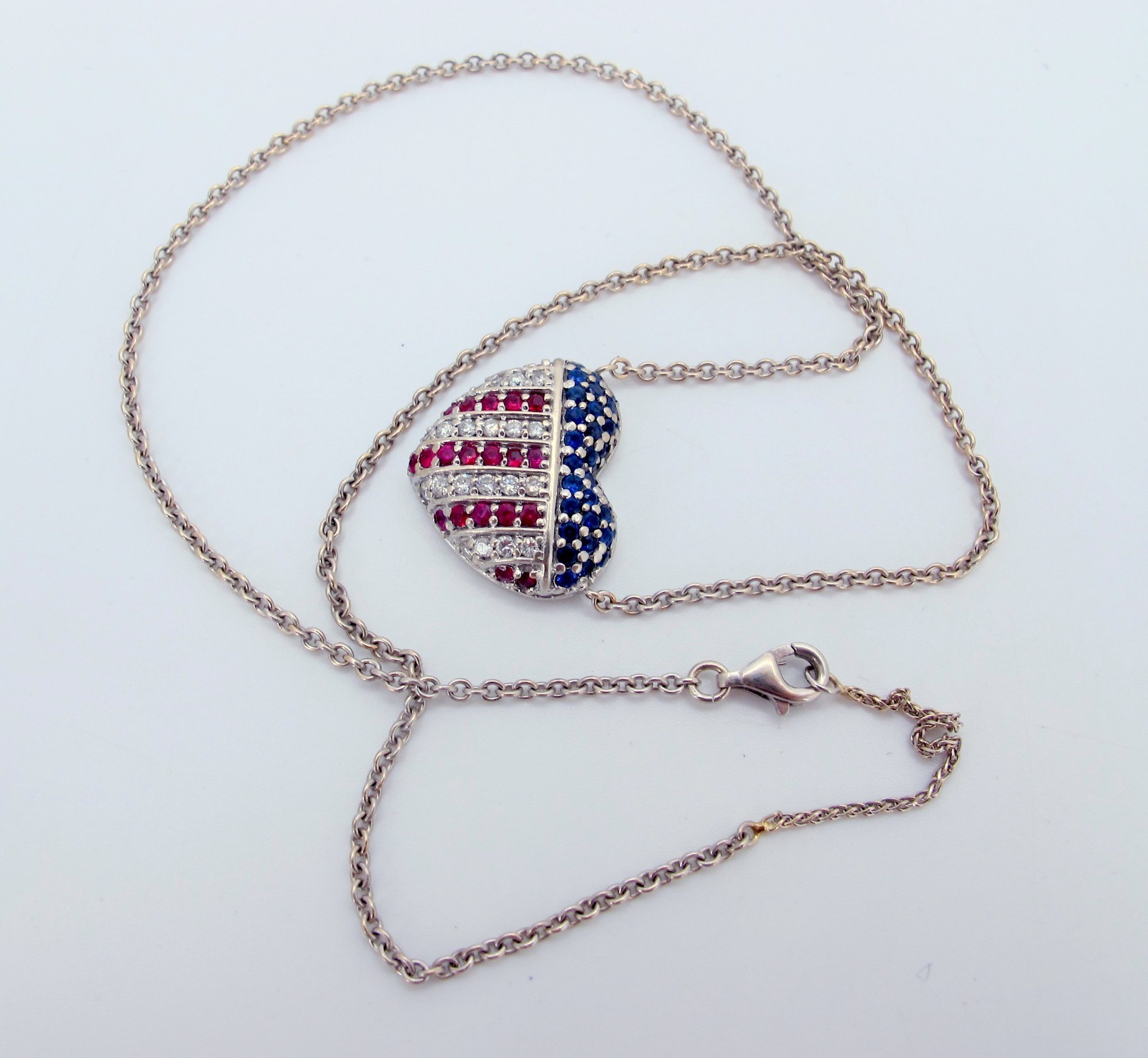 Stunning 14K White Gold Rubies-Diamonds-Sapphires Necklace 17″ Long “TC4033317”
