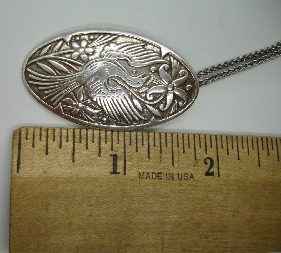Sterling signed 20″ AVERY chain floral Quetzal BIRD PENDANT hand made medallion