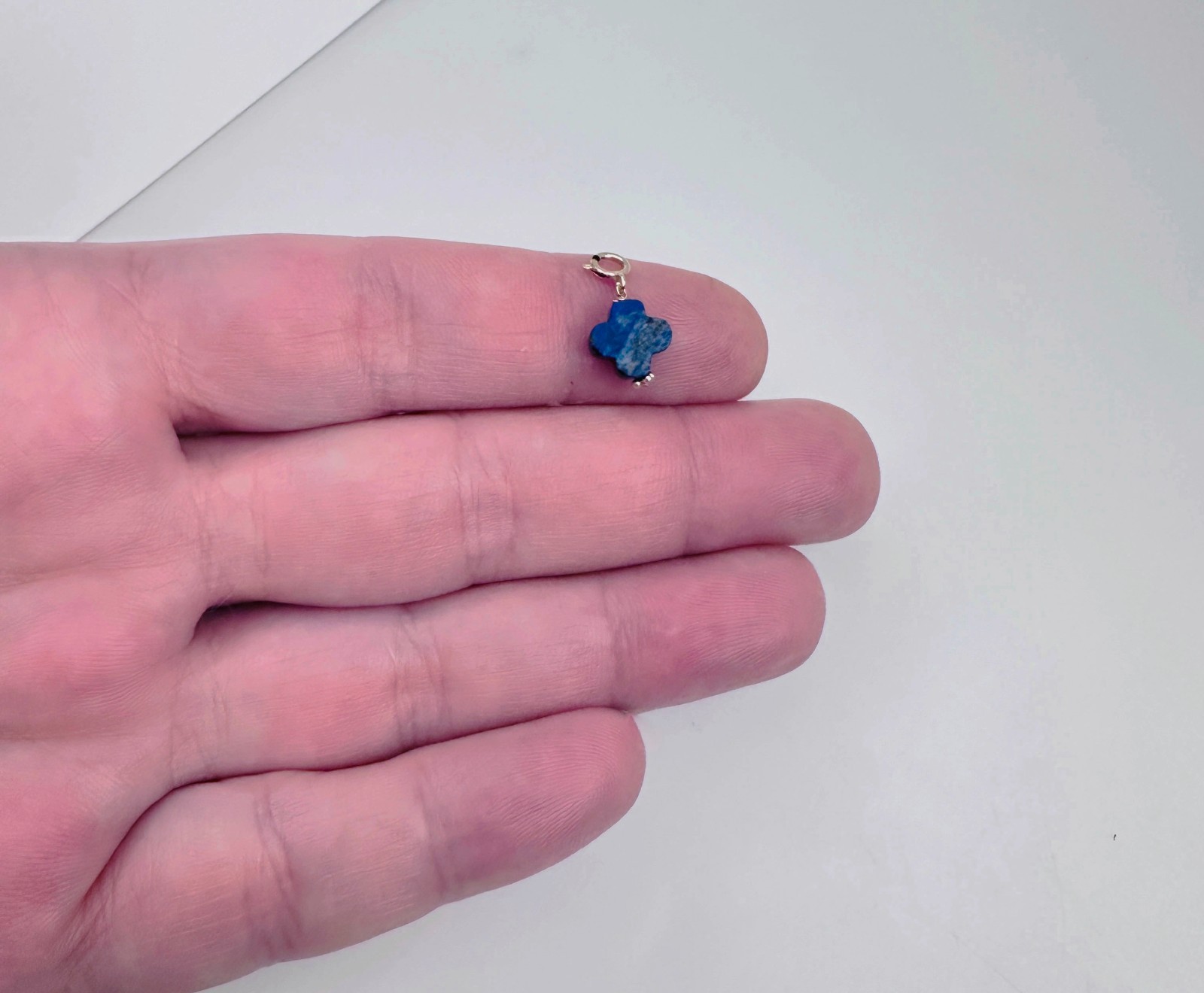 14K Solid Yellow Gold Lapis Lazuli Clover Small Charm Pendant w/Spring Clasp