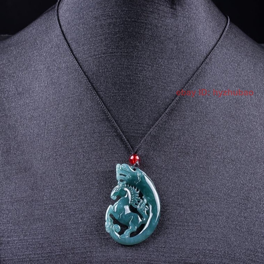 Certificate Natural Grade A Jade Jadeite Carving Dragon Horse Pendant Necklace