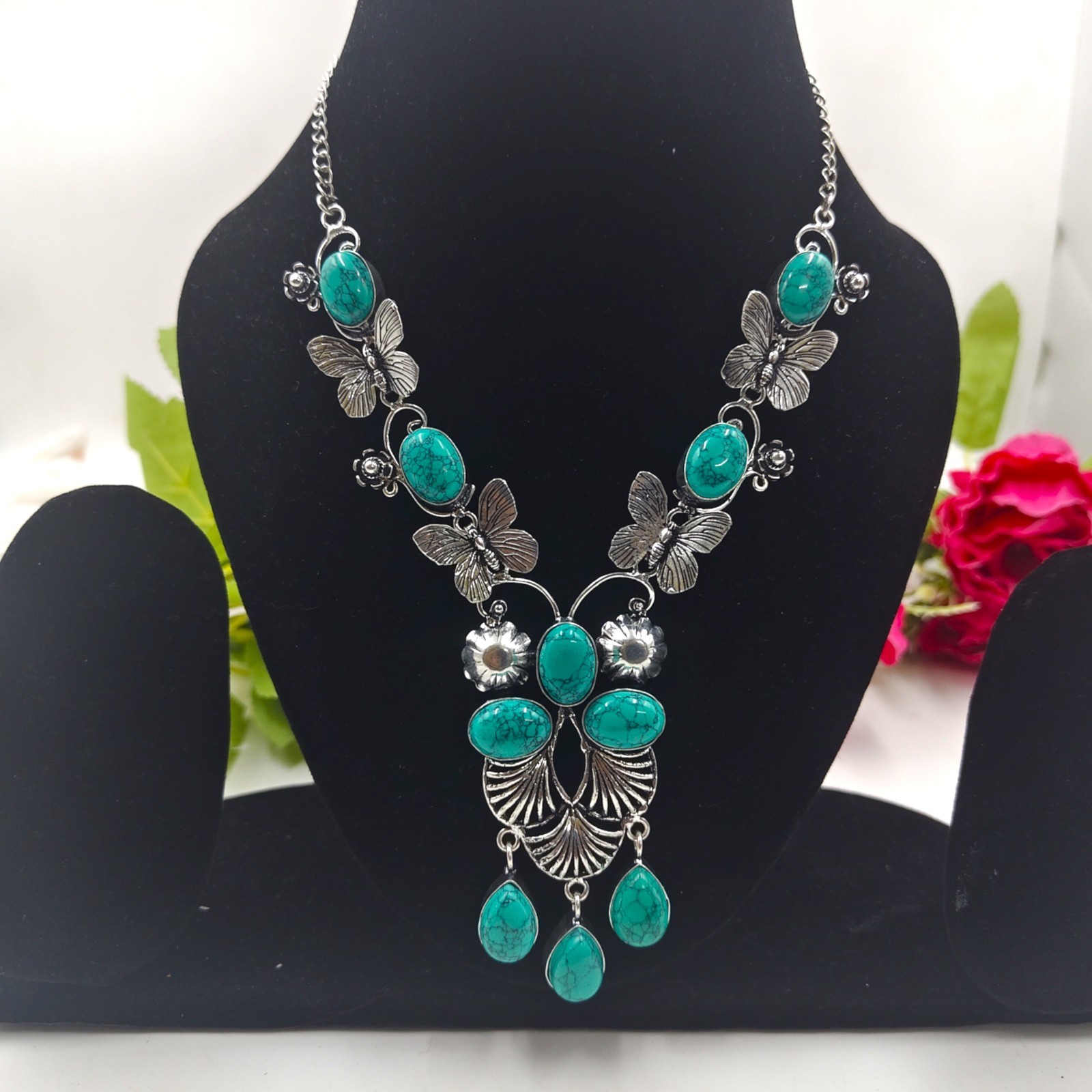 Blue Turquoise Gemstone Handmade 925 Sterling Silver Jewelry Necklace Sz-17-18″